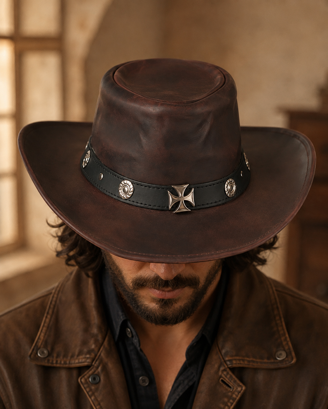 Premium Leather Western Cowboy Hat Studs band Burgundy