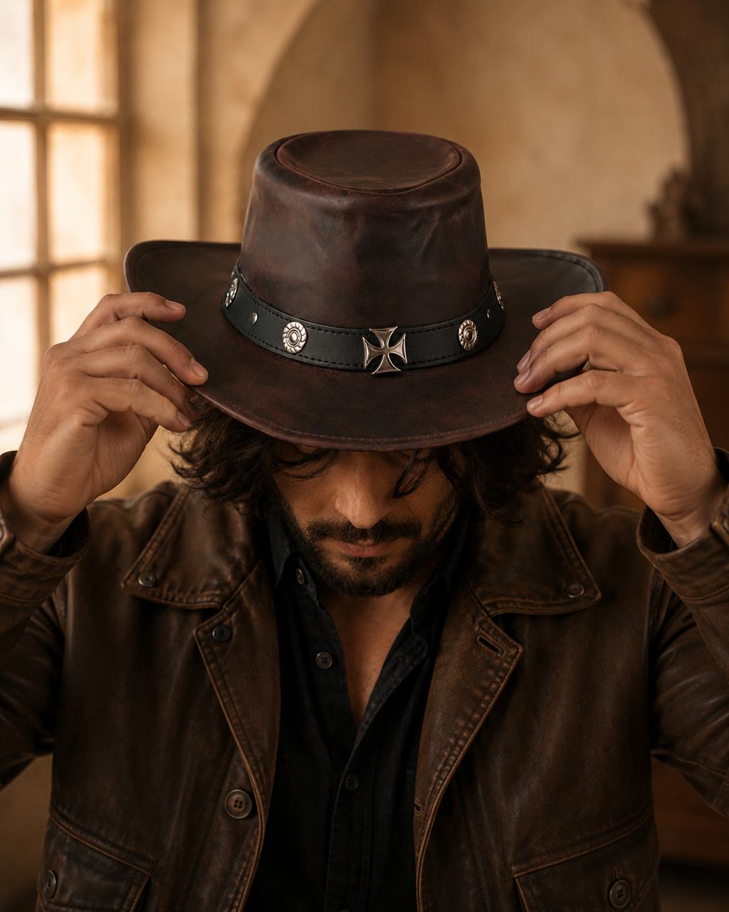 Premium Leather Western Cowboy Hat Studs band Burgundy